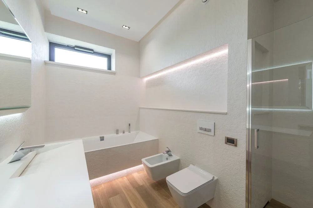 Pristine minimalist luxury bathroom with LED illumination